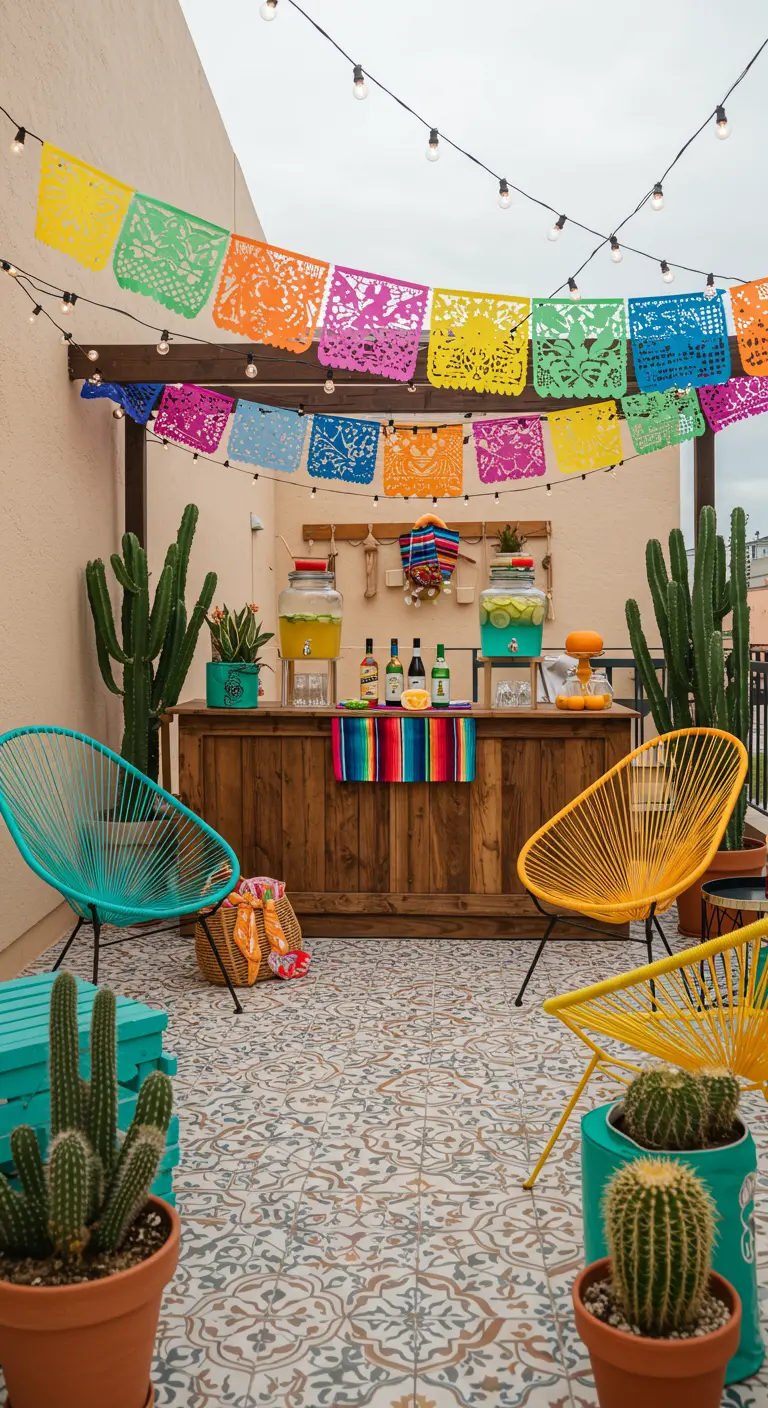 Terrasse colorée de style mexicain avec des guirlandes, des fauteuils Acapulco et un bar.
