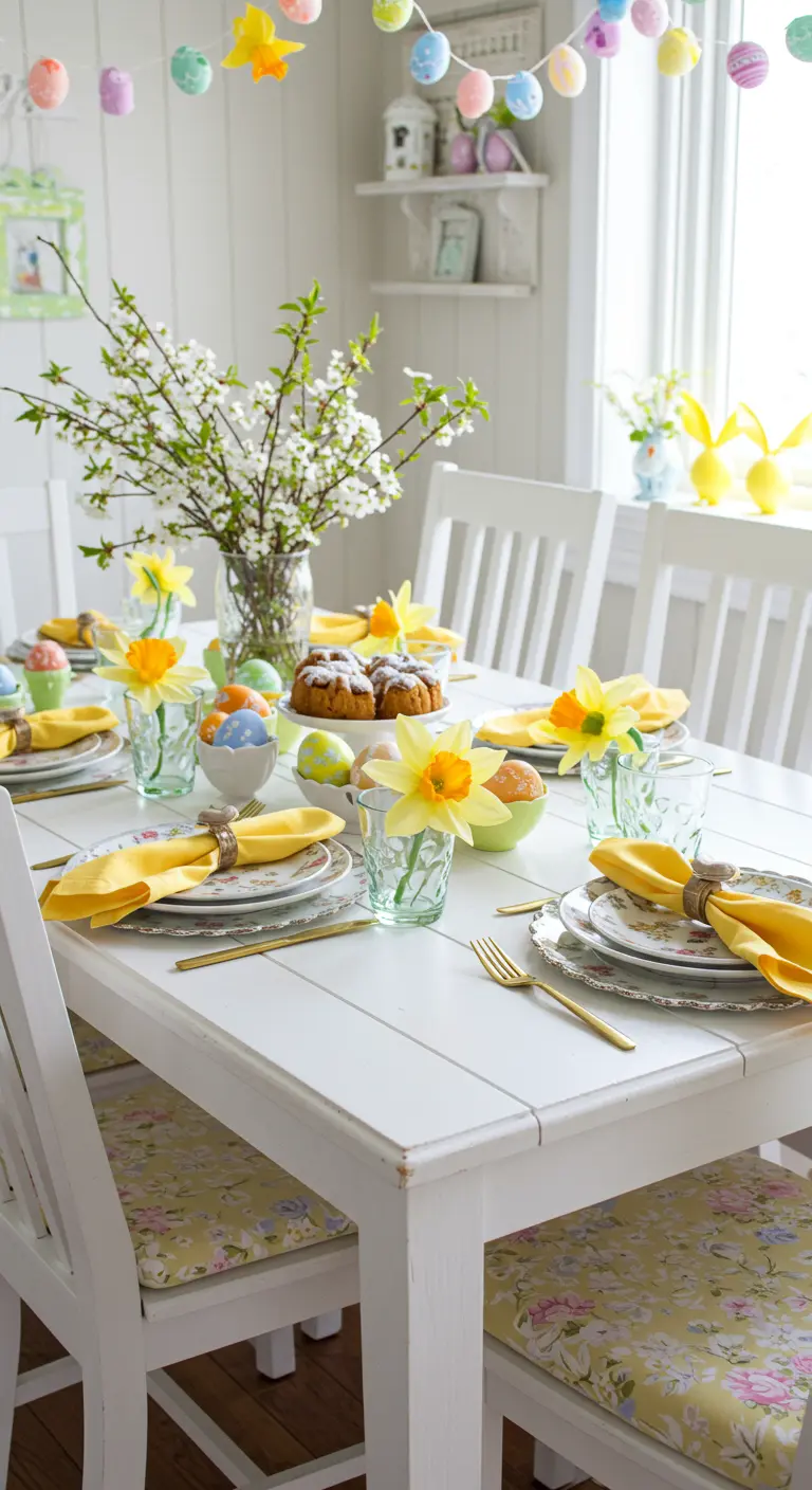 Table de Pâques blanche et jaune avec des serviettes pliées en forme de jonquille.