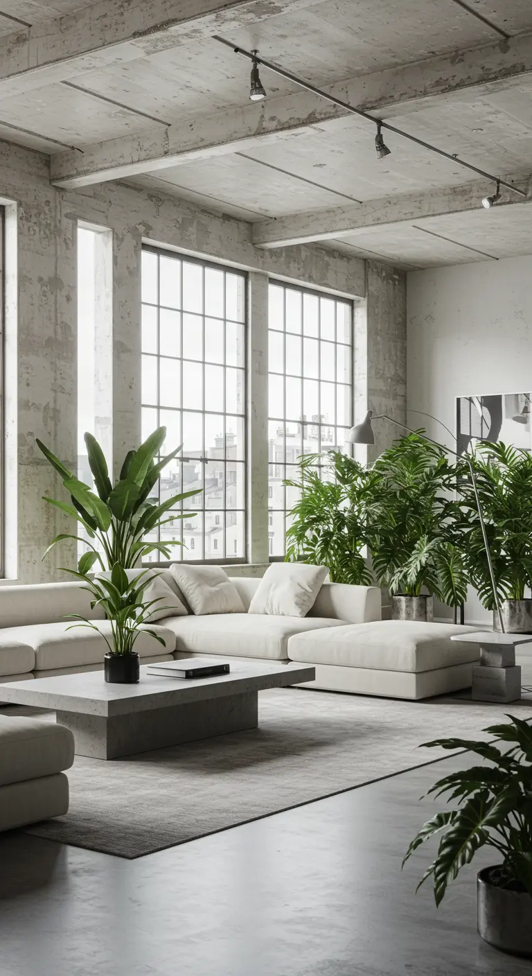 Loft industriel avec murs en béton, canapé d'angle et nombreuses plantes vertes.