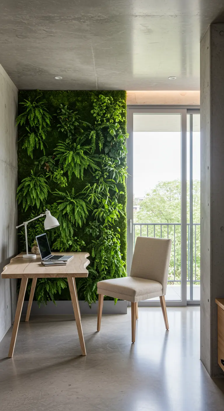 Bureau en bois clair placé devant un mur végétal luxuriant dans un intérieur en béton.