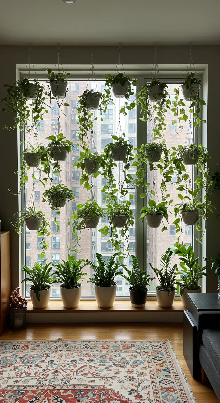 Grande fenêtre entièrement couverte par des dizaines de plantes vertes suspendues.