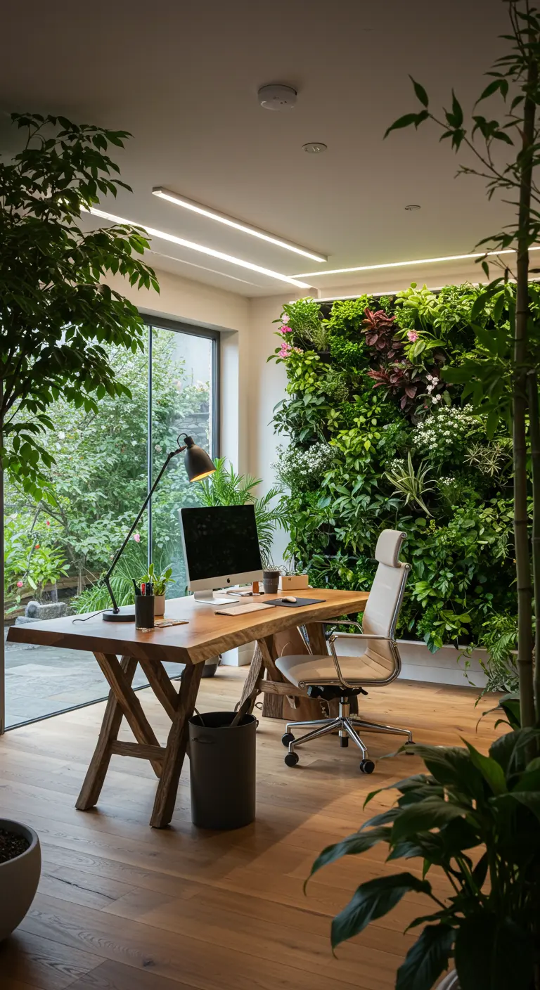 Bureau biophilique avec un grand mur végétal, de grandes plantes en pot et un bureau en bois clair.