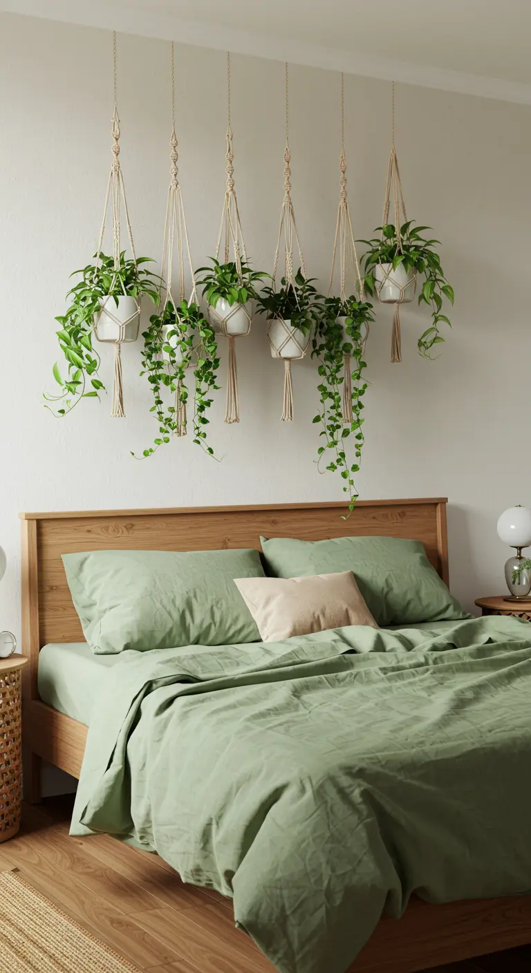 Plusieurs plantes vertes tombantes suspendues en macramé au-dessus d'un lit en bois.