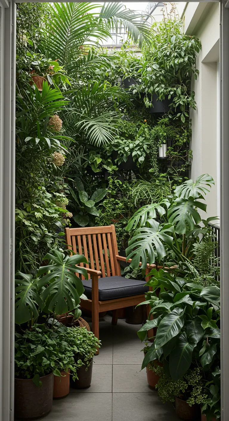 Fauteuil en bois entouré d'une profusion de grandes plantes vertes luxuriantes.