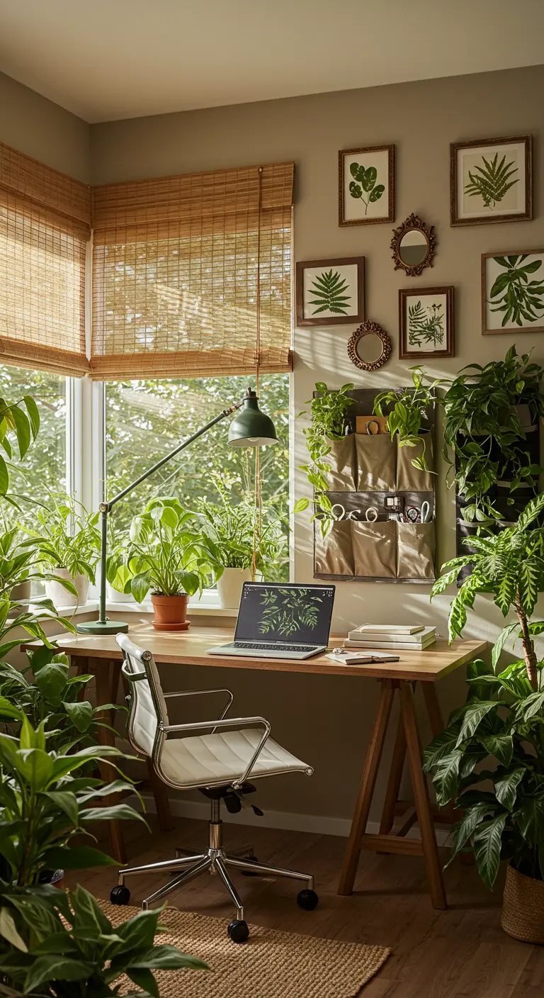 Bureau en bois entouré de nombreuses plantes vertes et éclairé par une fenêtre avec des stores en bambou.