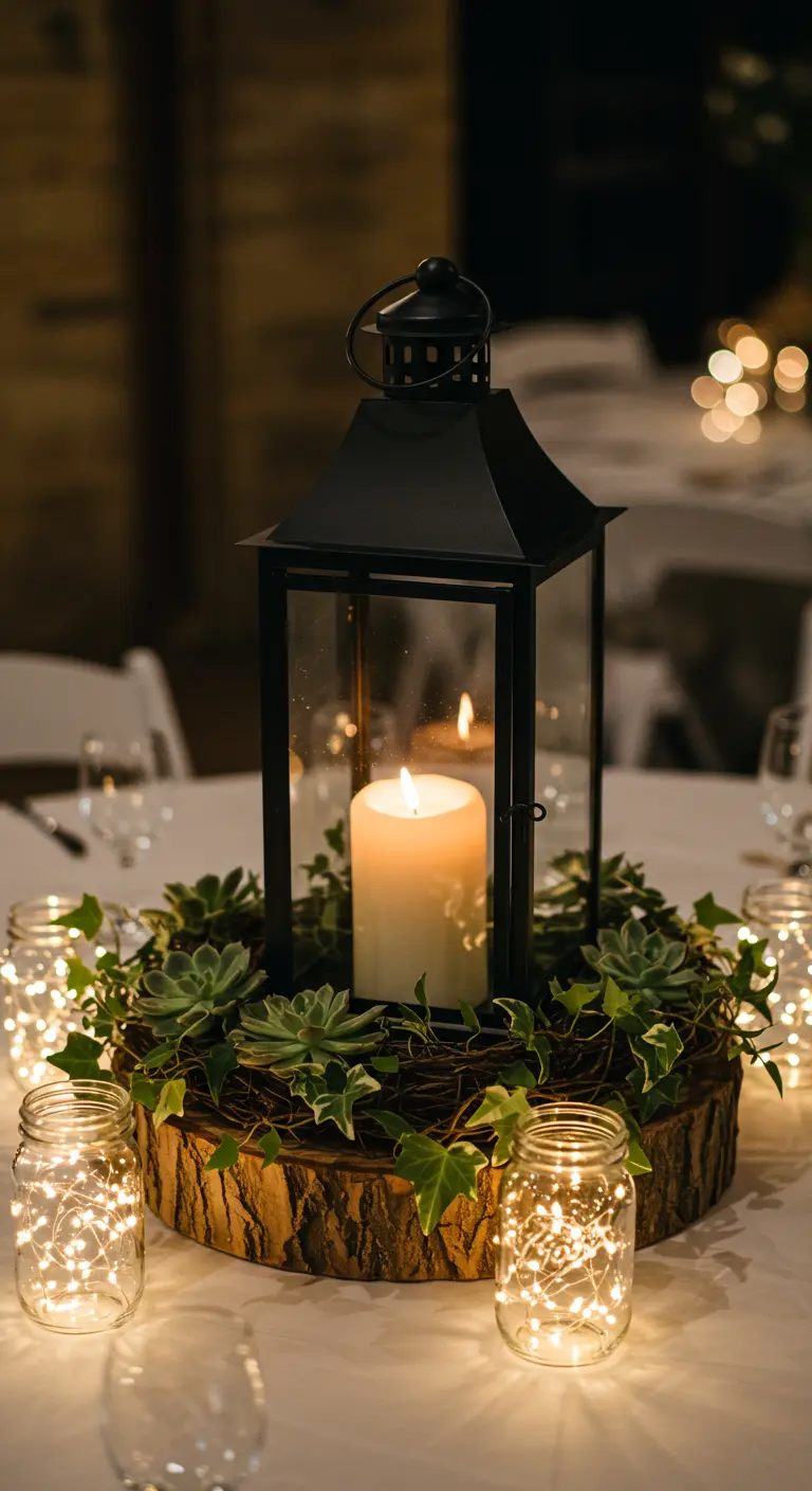 Lanterne noire avec bougie, entourée de succulentes et de guirlandes.