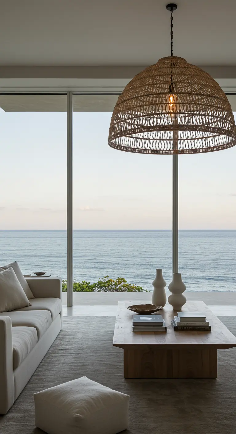 Grande suspension en rotin tressé dans un salon avec une baie vitrée donnant sur la mer.