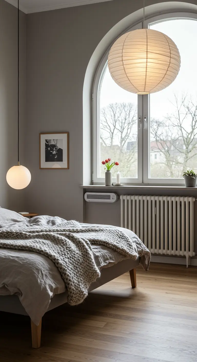 Chambre lumineuse avec une grande fenêtre cintrée et une suspension en papier.