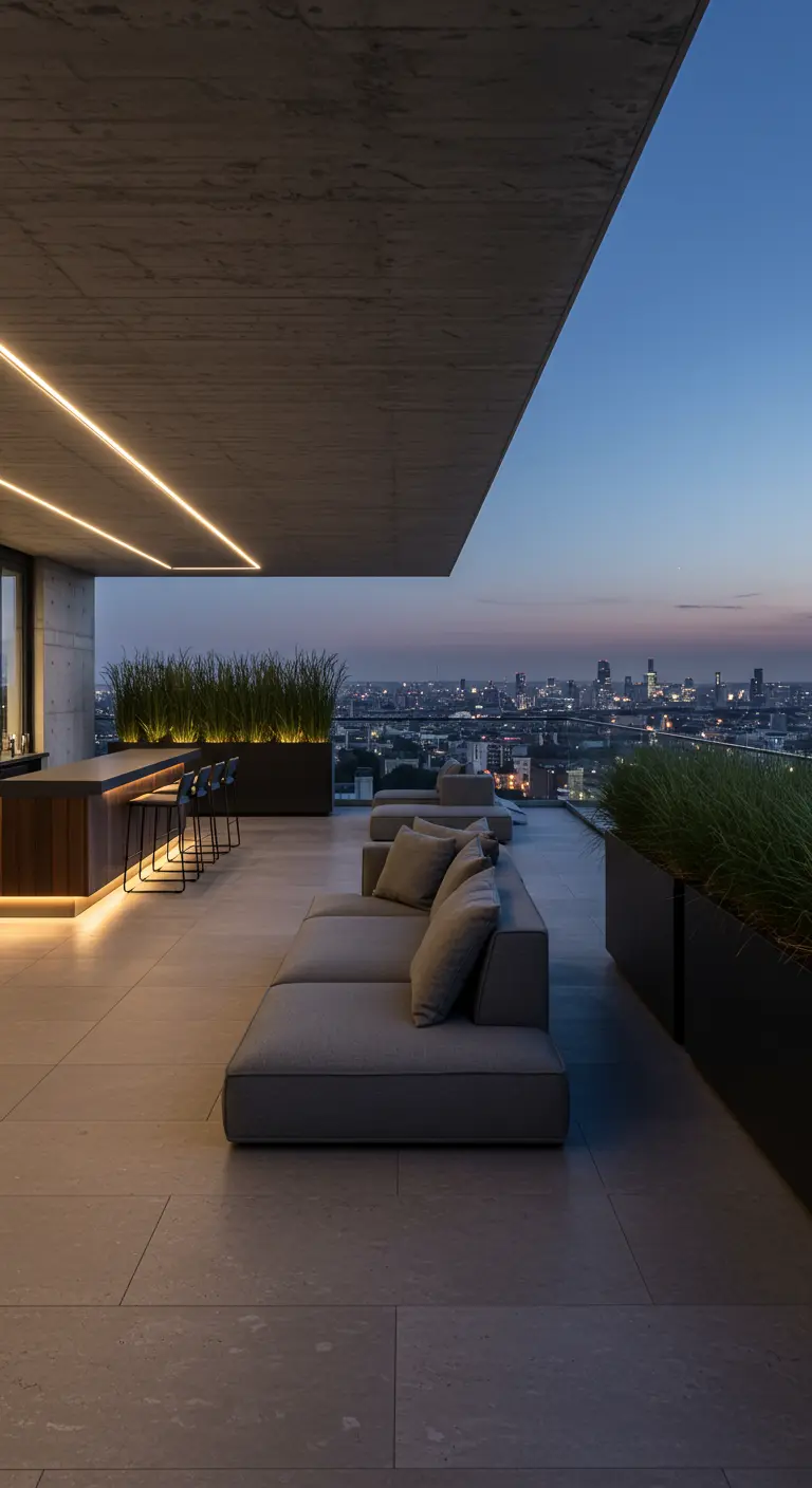 Rooftop moderne et minimaliste avec bar lumineux et vue sur la ville.