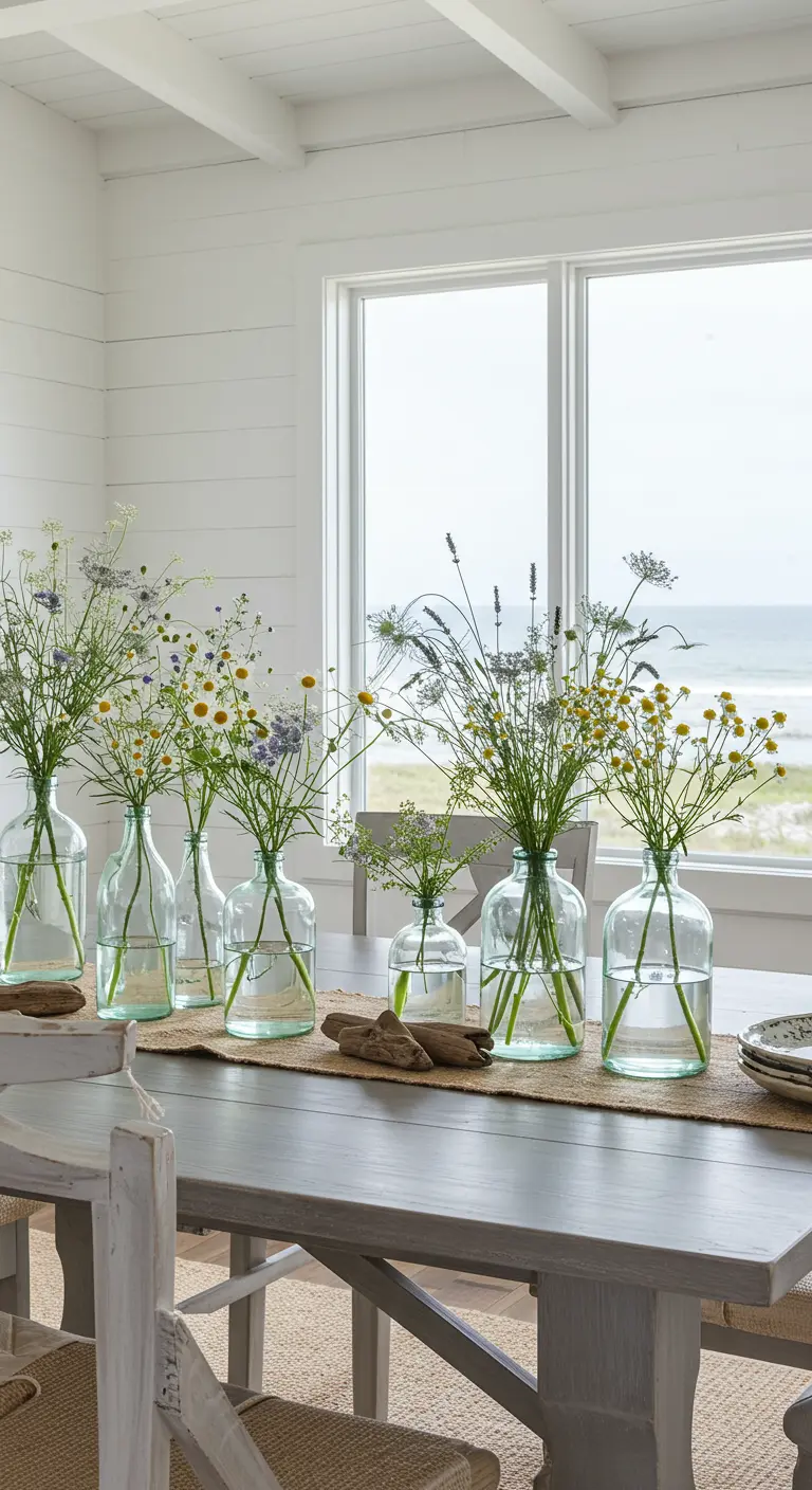 Série de bouteilles en verre avec fleurs sauvages alignées sur une table.