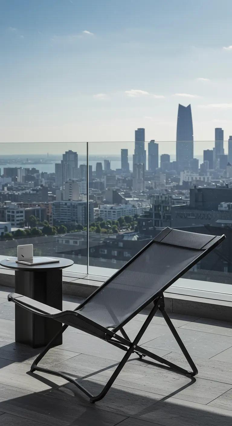 Chaise longue noire en maille sur un balcon de gratte-ciel.