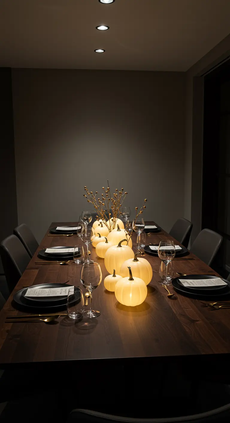 Table en bois sombre avec ligne de citrouilles lumineuses, branches éclairées, ambiance tamisée.