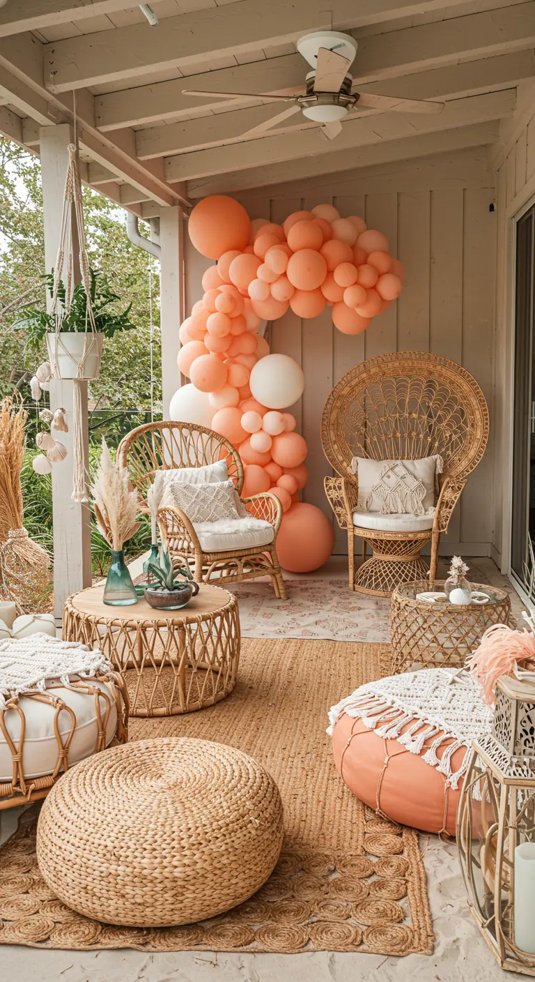 Décoration de terrasse bohème avec des fauteuils en rotin et une guirlande de ballons.