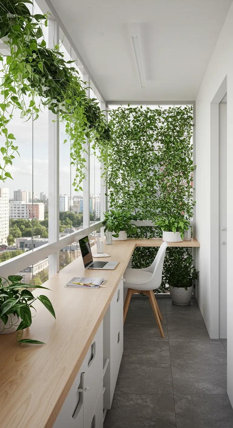 Long bureau en bois sur un balcon fermé avec un mur végétal.