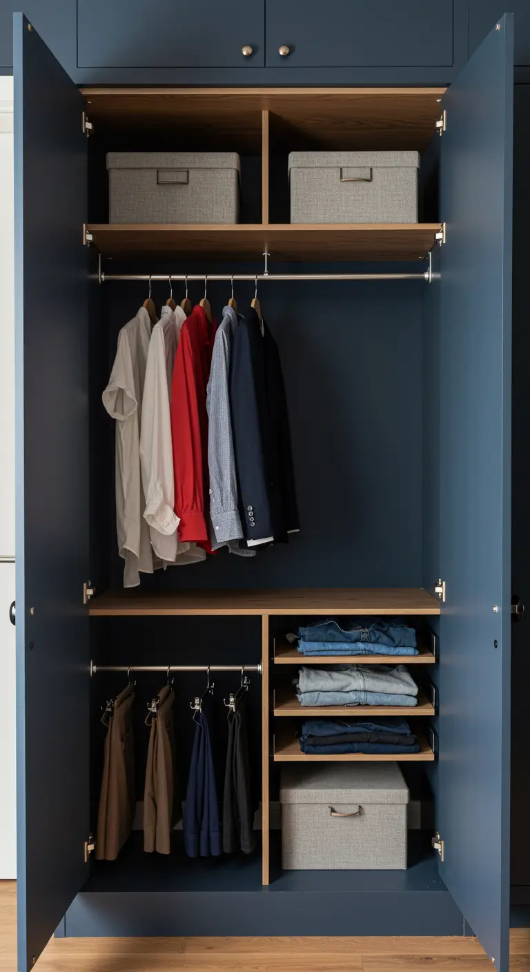Armoire bleue et bois bien organisée avec des zones distinctes pour vêtements suspendus et pliés.