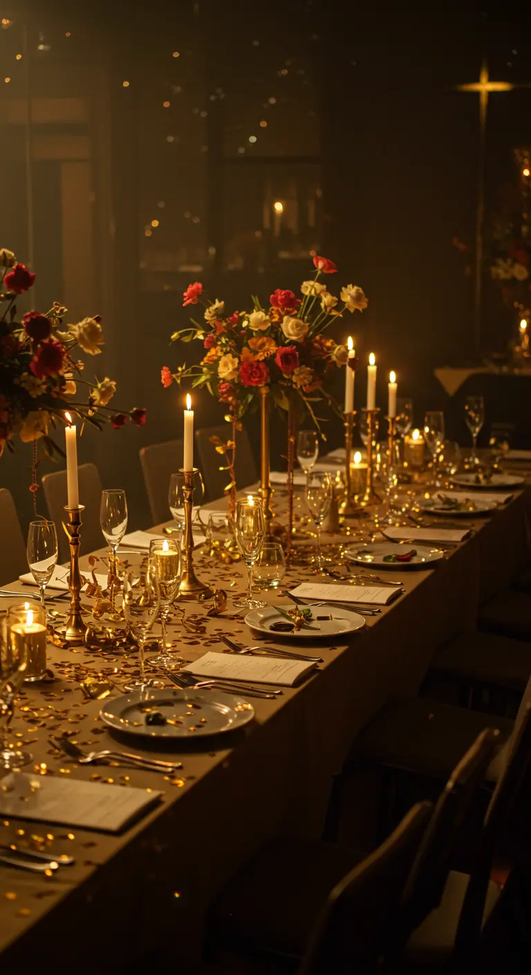 Une longue table de dîner éclairée par des bougies dans des candélabres dorés.