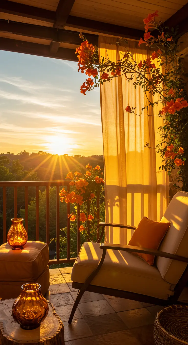 Balcon baigné dans la lumière du coucher de soleil avec des fleurs orange et des rideaux jaunes.