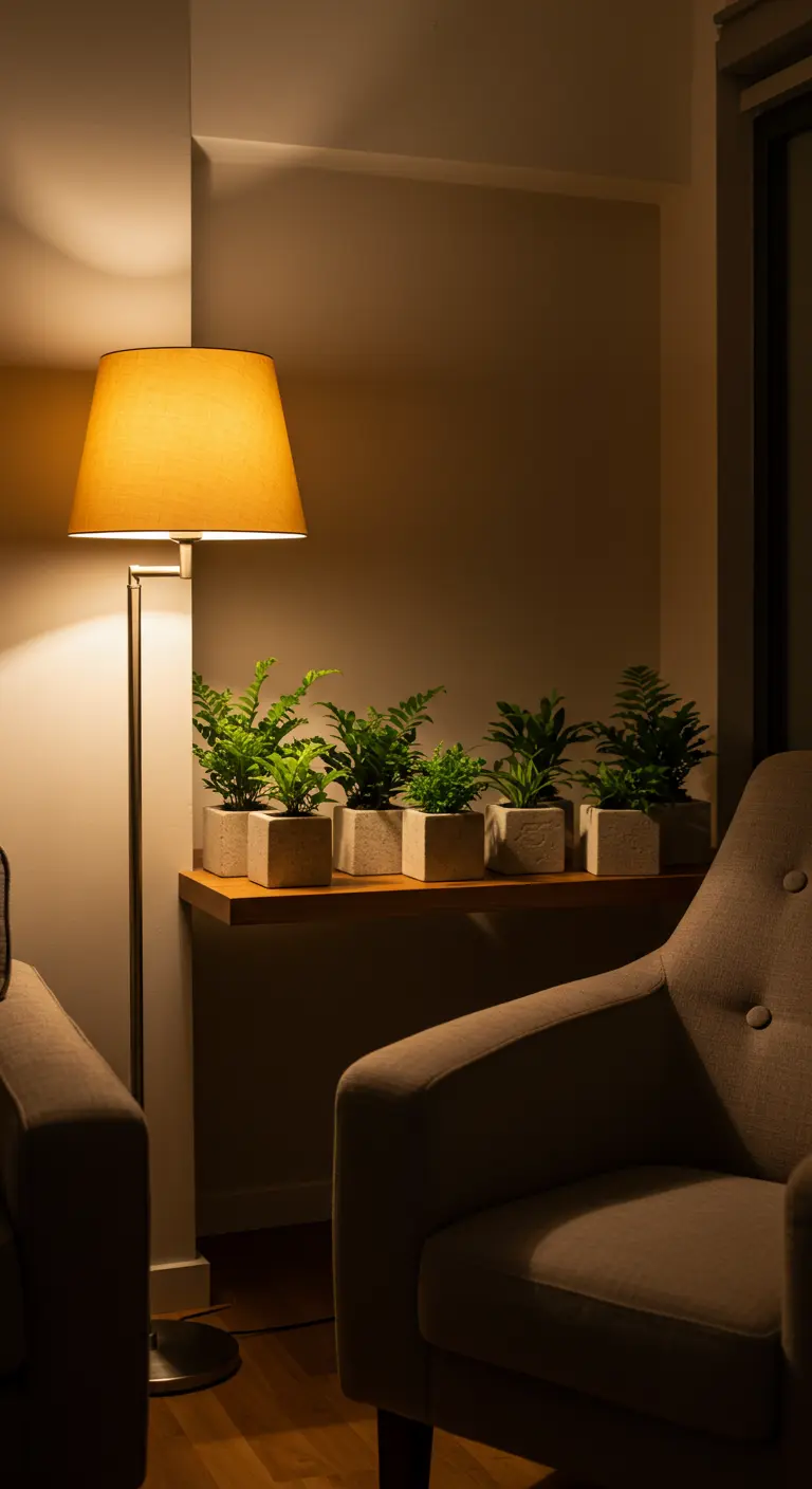 Une rangée de petites fougères en pots de béton sur une étagère, éclairée par un lampadaire.