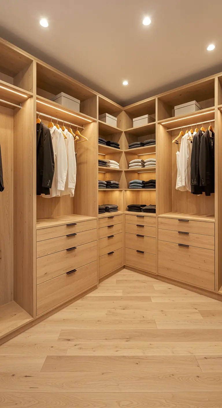 Dressing d'angle en bois clair avec éclairage LED intégré sous les étagères.
