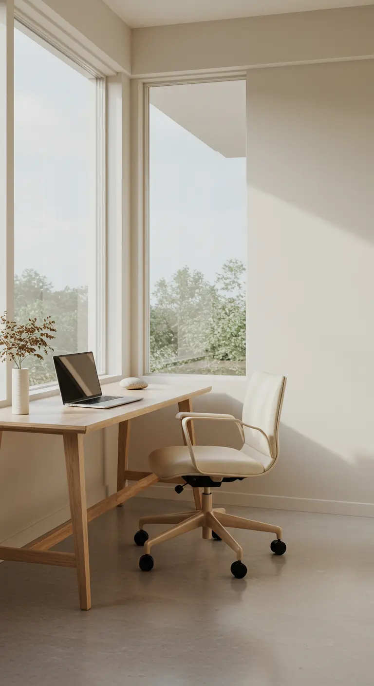 Bureau en bois clair près d'une grande fenêtre, avec un fauteuil de bureau crème.
