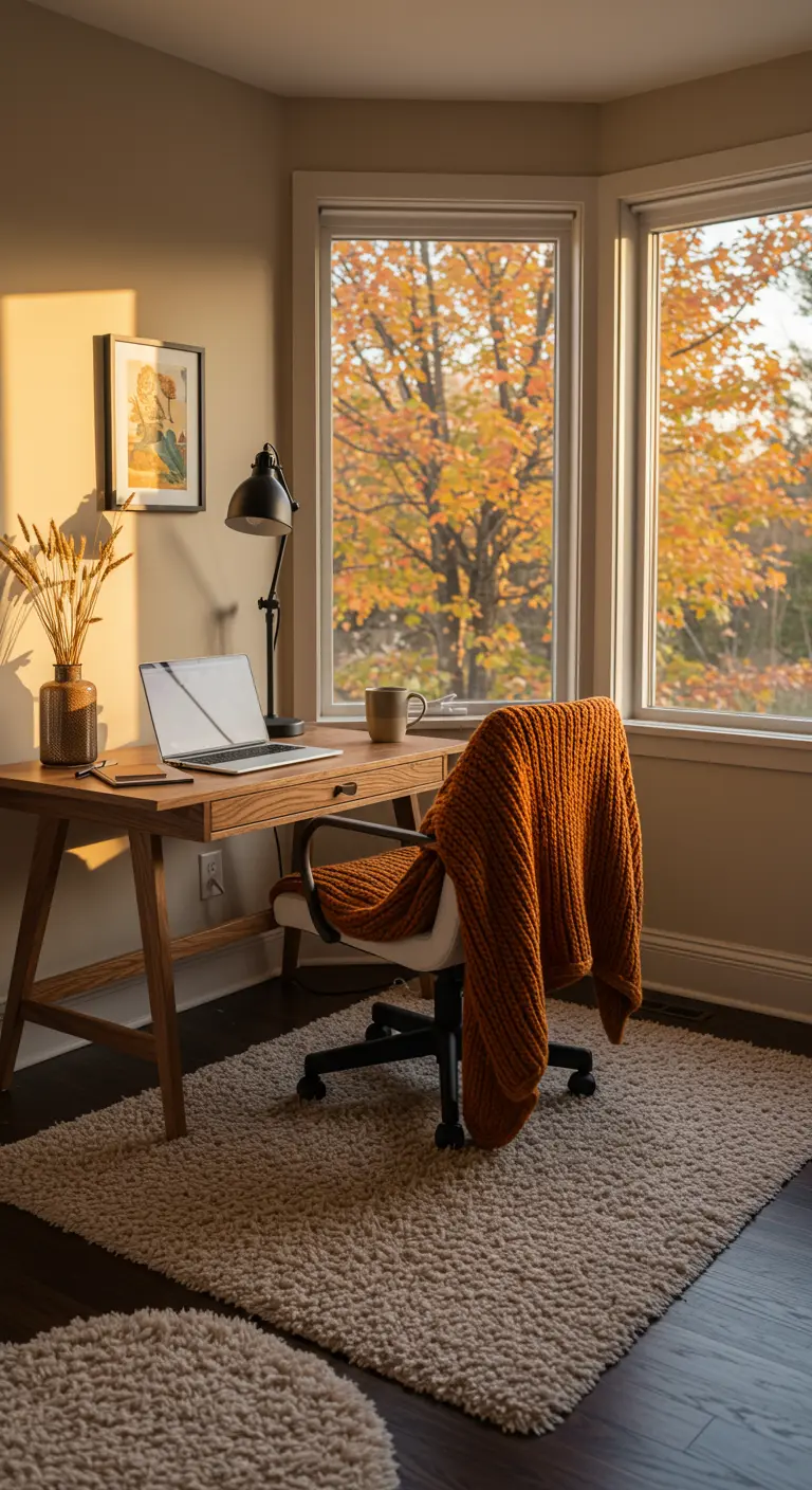Bureau en bois baigné de soleil automnal, avec plaid orange et tapis douillet.