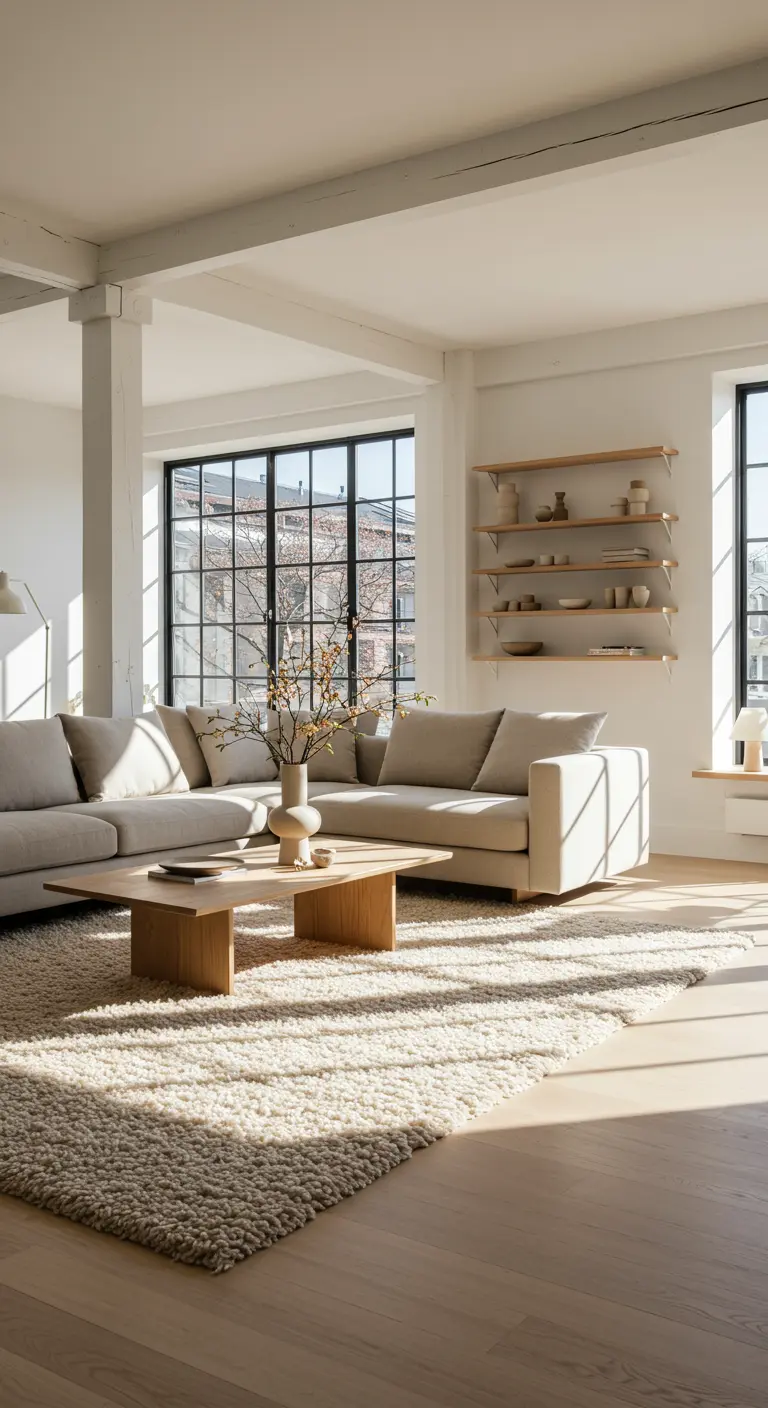 Salon lumineux de style loft avec un grand tapis shaggy crème et un canapé beige.
