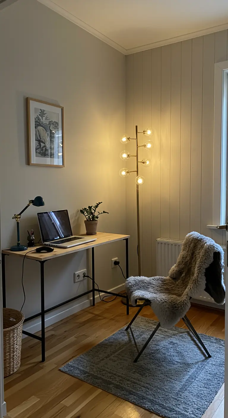 Bureau simple avec une chaise pliante couverte de peau de mouton et un grand lampadaire design.