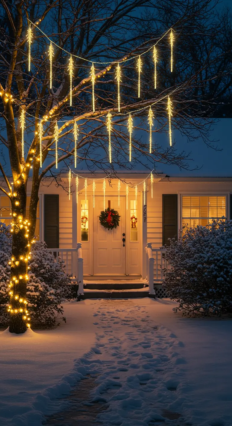 Maison enneigée avec arbres et buissons ornés de guirlandes lumineuses effet stalactites.
