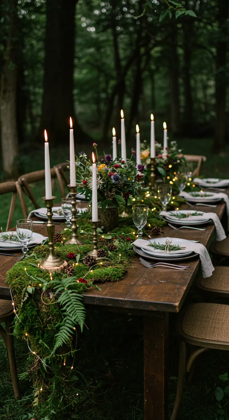 Table décorée en forêt avec chemin de table en mousse, bougies et guirlandes lumineuses.
