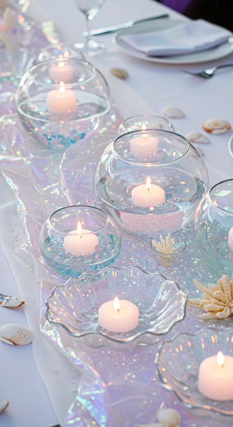 Table de fête thème sirène avec chemin de table irisé et bougies flottantes.