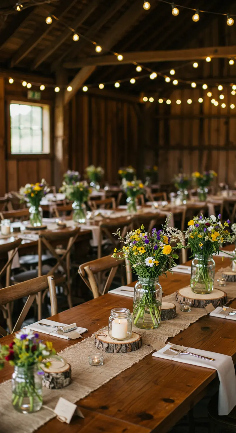 Tables de réception rustiques avec chemins de table en toile de jute, bocaux de fleurs sauvages et bougies.