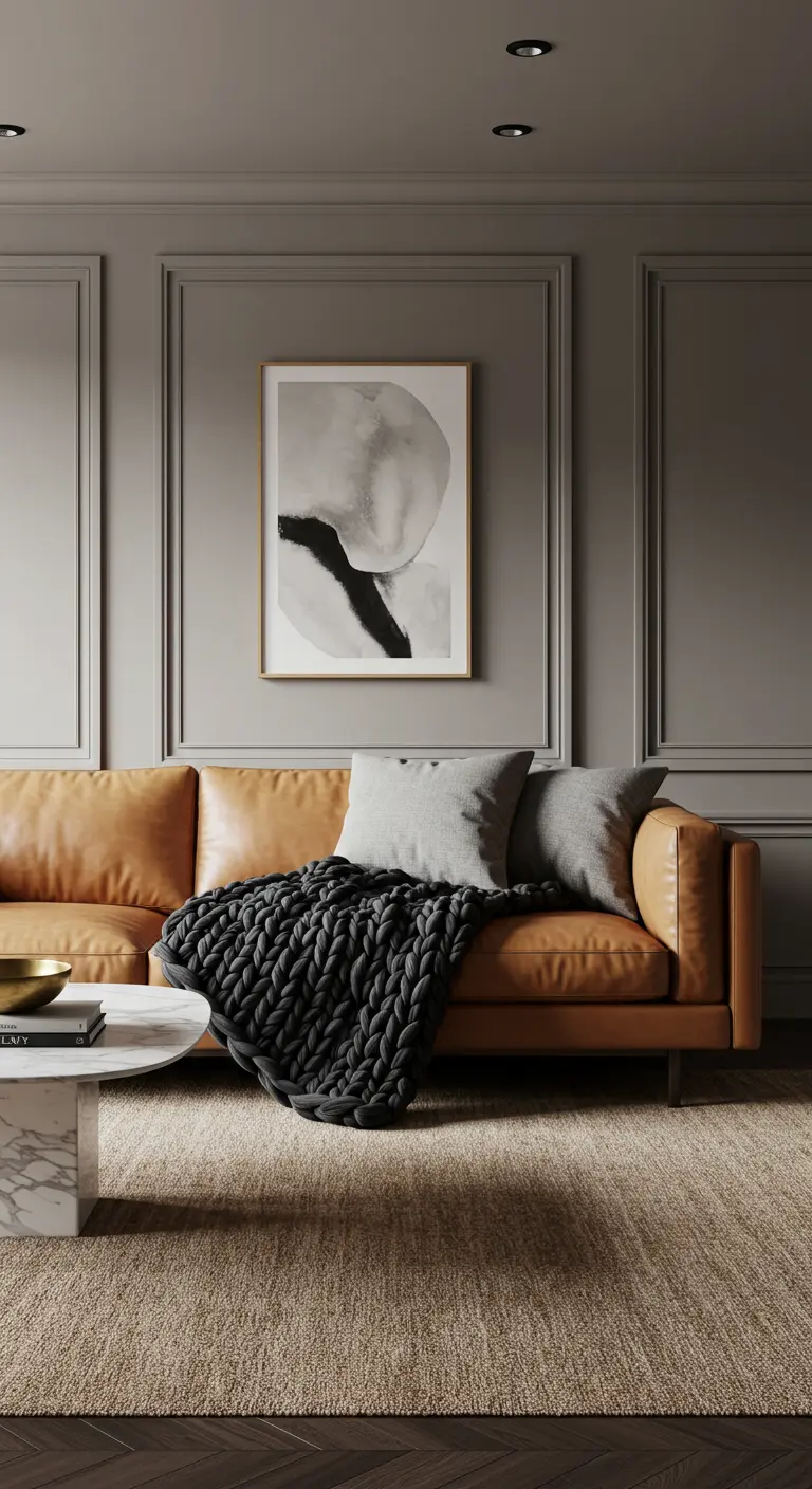Canapé en cuir camel avec un plaid en grosse maille noire et des coussins gris.