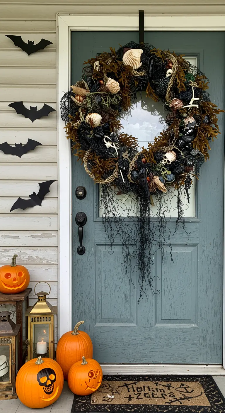 Décoration de porte sur le thème marin hanté avec une couronne d'algues et de coquillages.