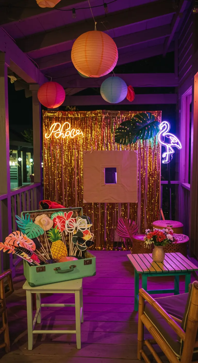 Coin photobooth avec néons, rideau doré et valise remplie d'accessoires.