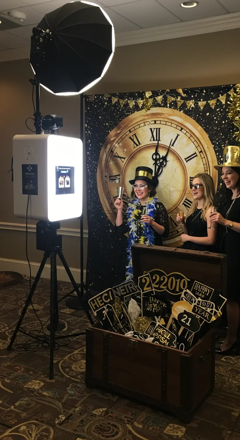 Invités s'amusant dans un photobooth du Nouvel An avec une malle pleine d'accessoires.