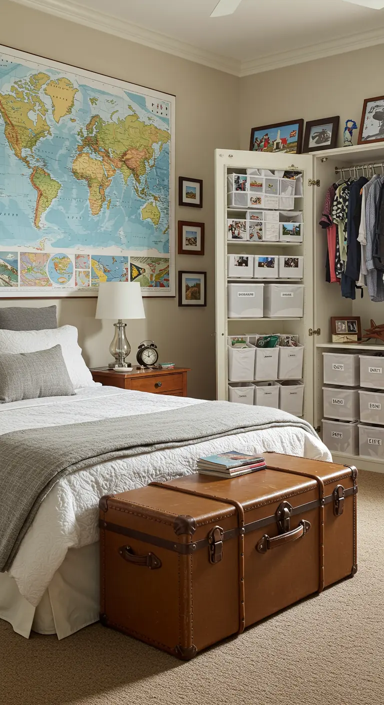 Chambre sur le thème du voyage avec une malle ancienne en bout de lit et une carte du monde.