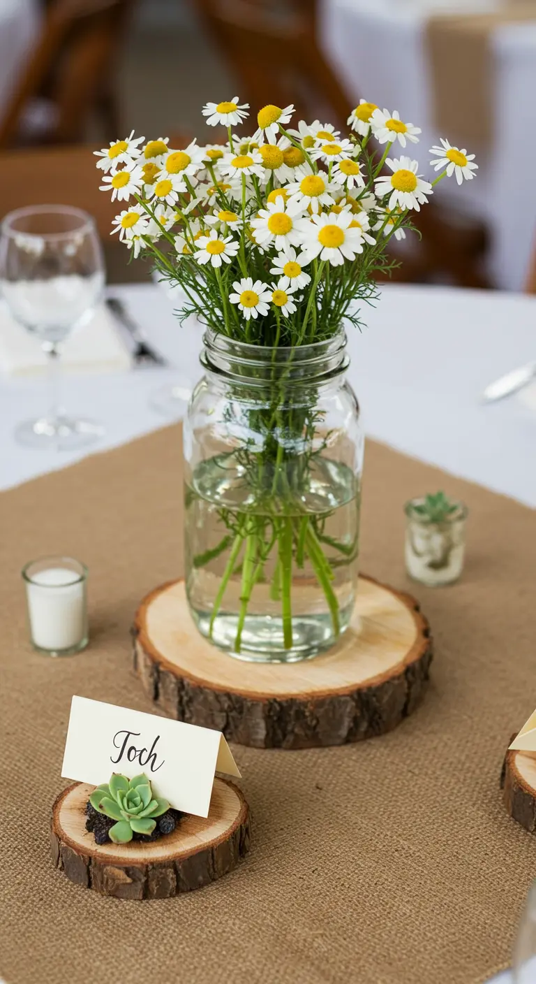 Bocal avec marguerites sur un rondin et marque-place avec succulente.