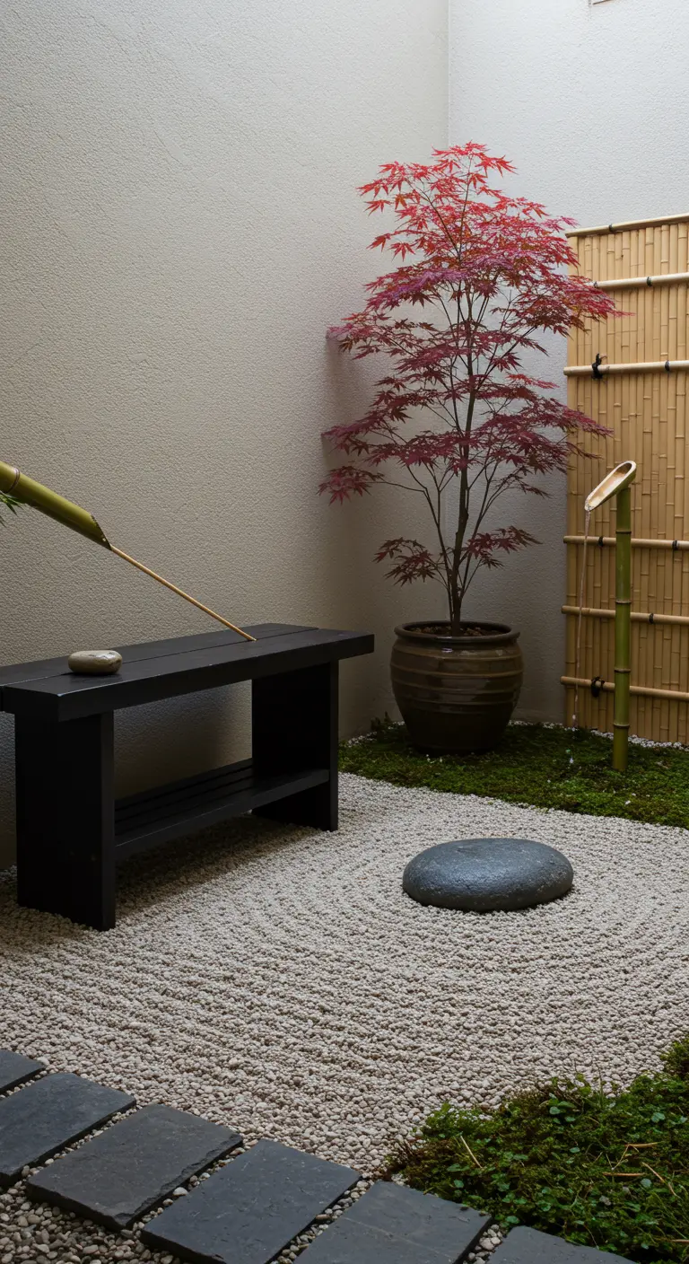 Petit jardin zen avec un érable du Japon, un banc noir et du sable ratissé.