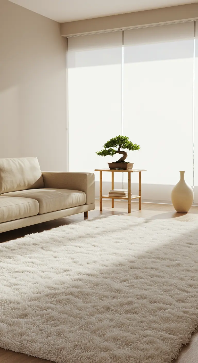 Salon minimaliste avec un tapis blanc infini et un bonsaï sur une petite table.