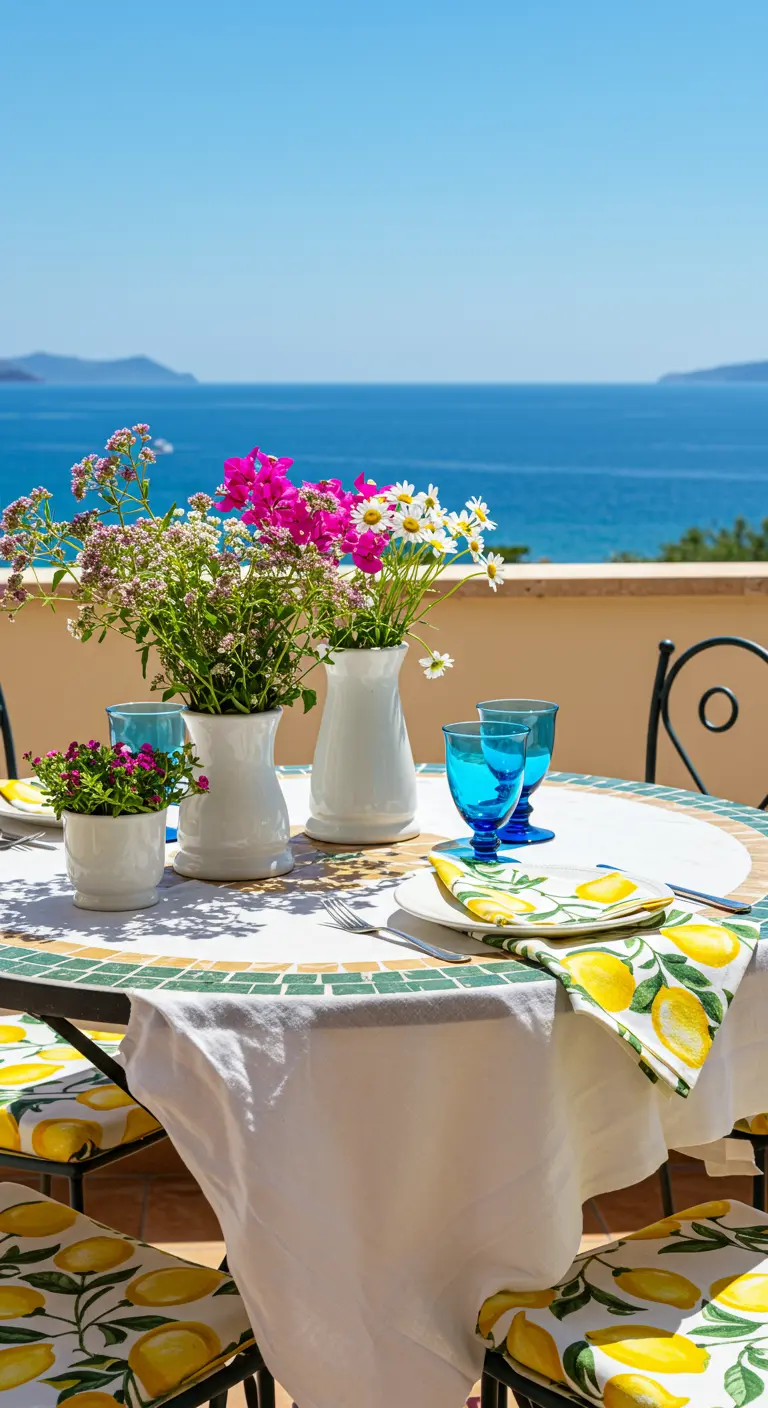 Vases blancs de bougainvilliers et marguerites sur une table face à la mer.