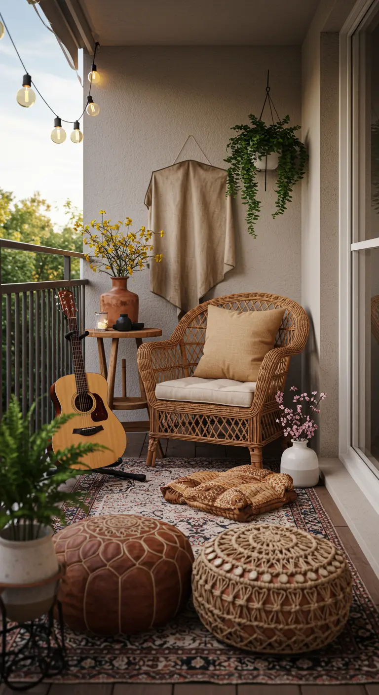 Coin détente sur un balcon avec un fauteuil en rotin, une guitare et des poufs.