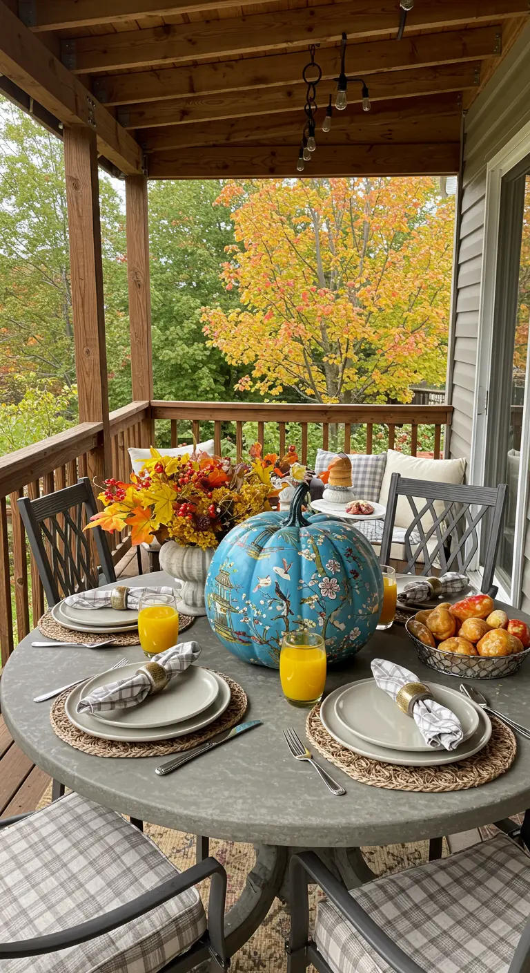 Table de balcon avec une grande citrouille bleue peinte de motifs d'oiseaux et de fleurs de style chinoiserie.