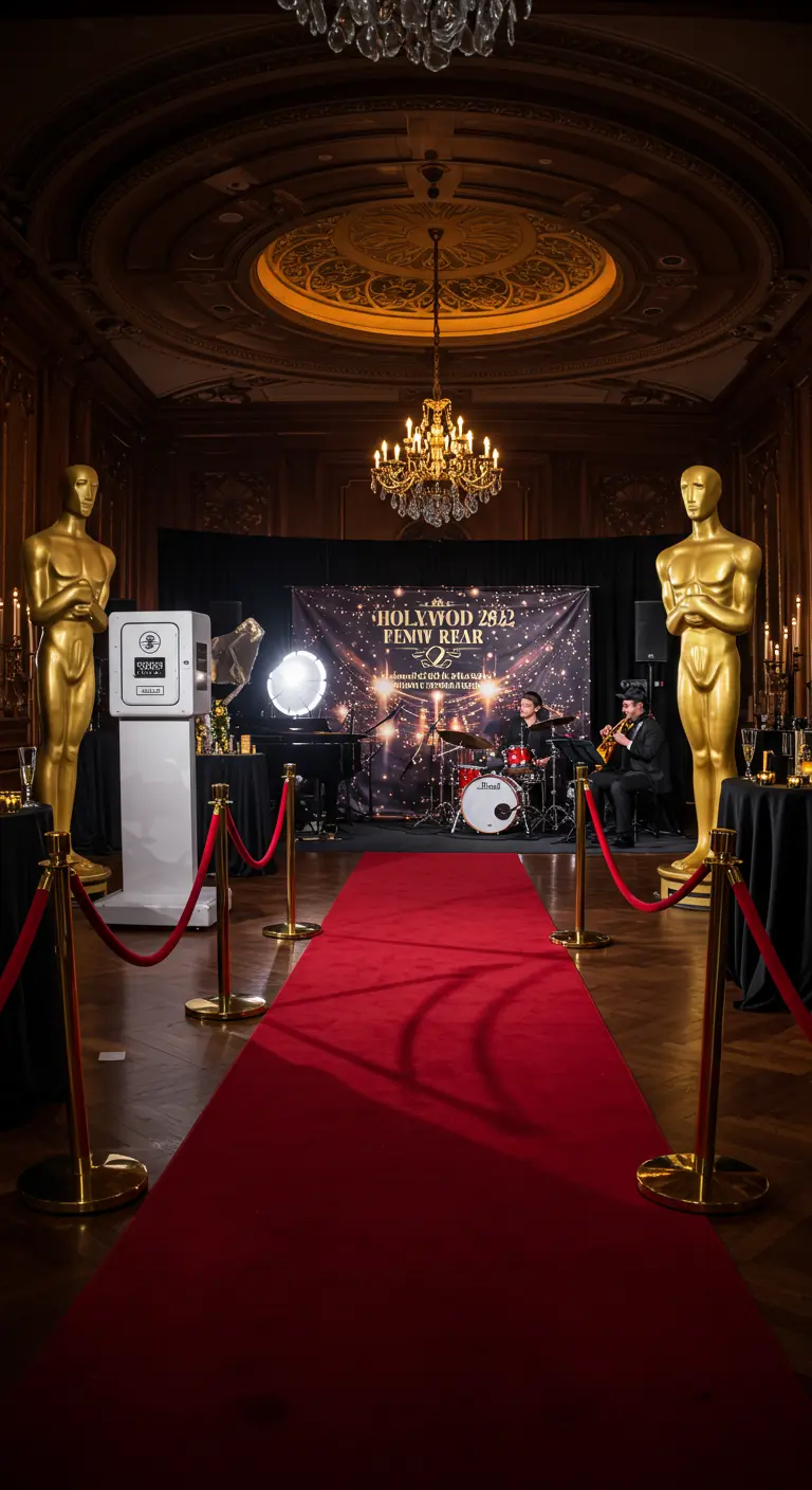 Entrée de fête avec un tapis rouge, des poteaux dorés et une ambiance de gala hollywoodien.