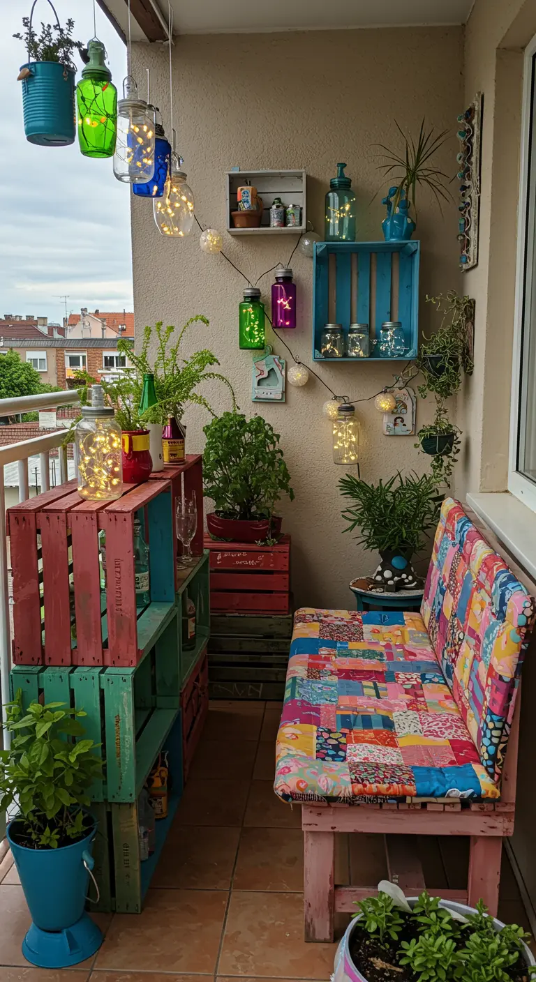 Balcon décoré avec des caisses en bois peintes, un banc en patchwork et des lumières.