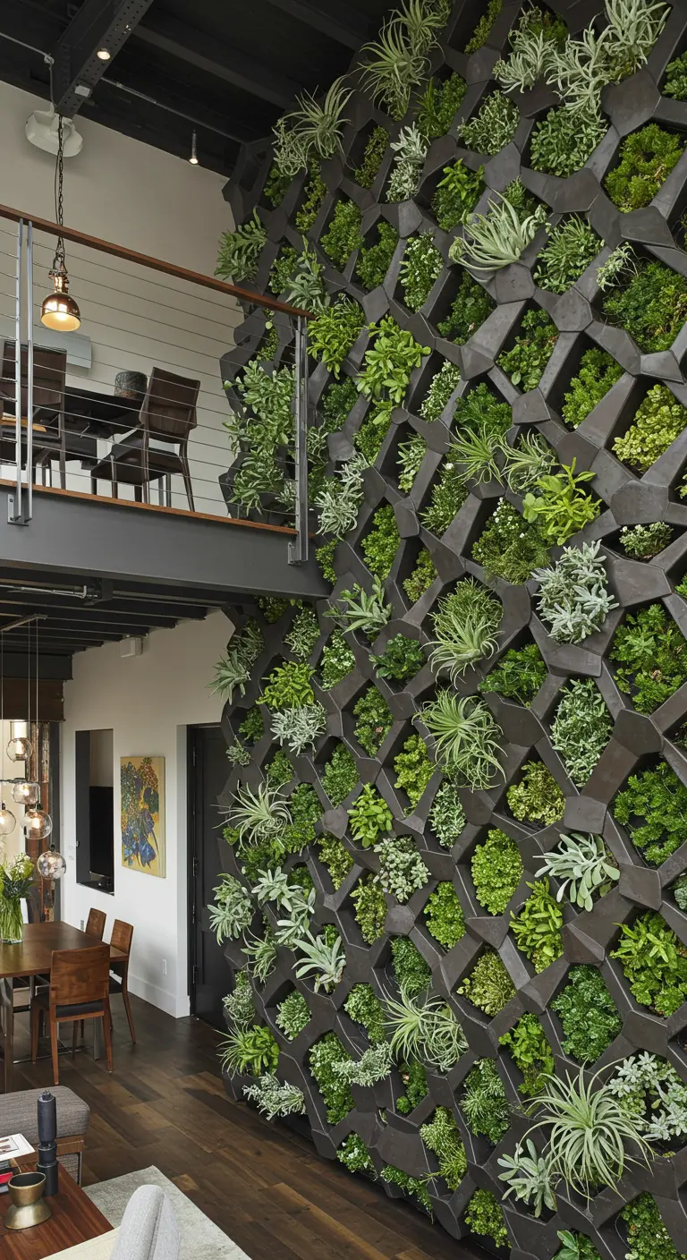 Un mur végétal immense avec des jardinières géométriques dans un loft moderne.