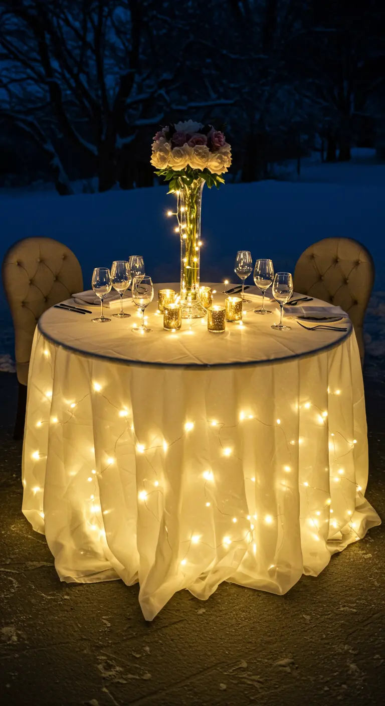 Table de dîner en extérieur dont la nappe blanche est illuminée par en dessous.