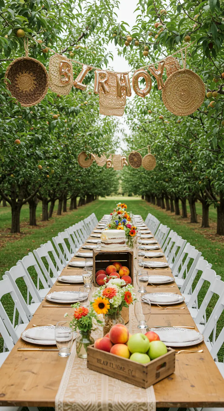 Longue table dans un verger décorée avec des fruits frais et des paniers suspendus.