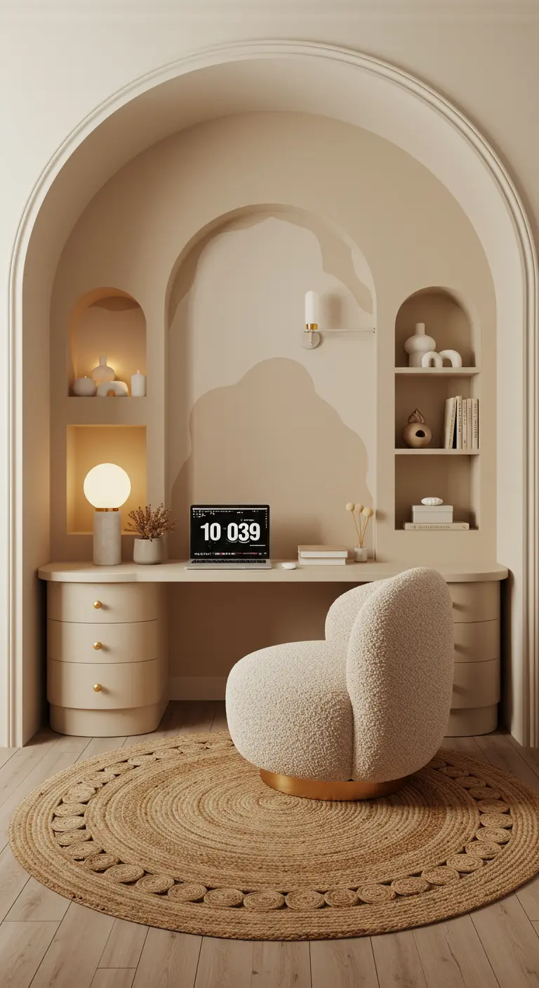 Bureau intégré dans une niche murale en arche avec un fauteuil en bouclé.