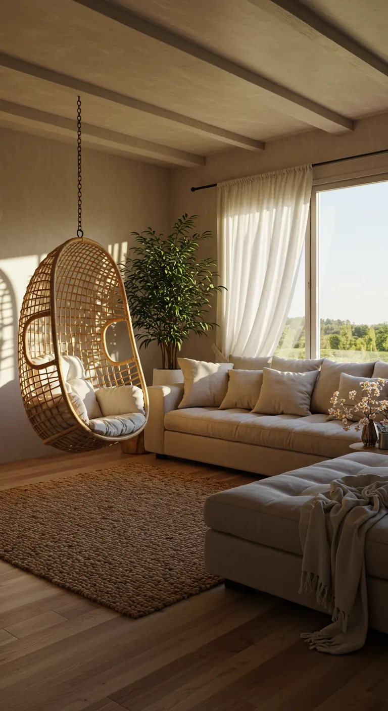 Salon cosy avec un fauteuil suspendu en rotin, un canapé beige et un tapis en jute.