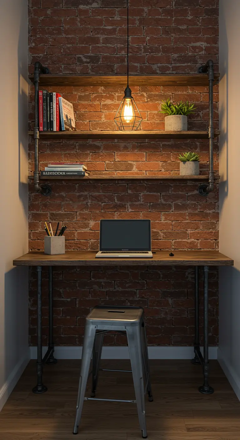 Bureau industriel dans une niche avec mur de briques et étagères en tuyauterie.